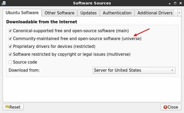 software sources, universe enabled
